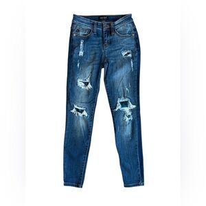 JUDY BLUE Green Blue Plaid Patch Skinny Fit Jeans Size 0/24‎ Women’s